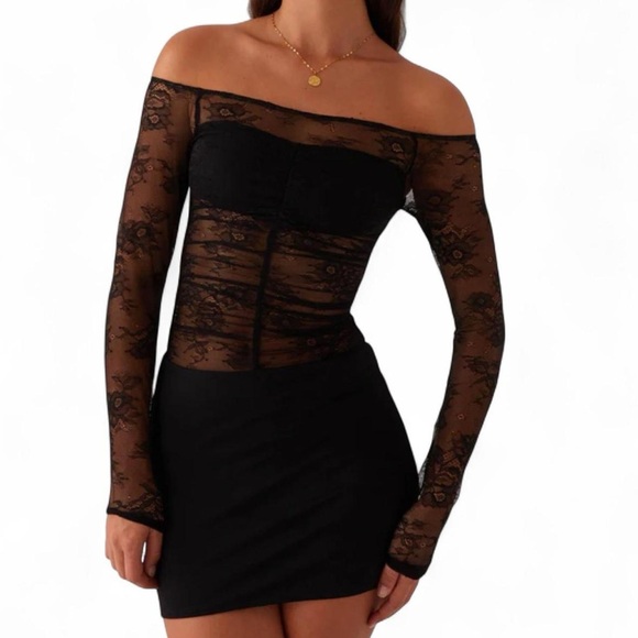Peppermayo Black Lace Off-Shoulder Mini Dress - Picture 1 of 2